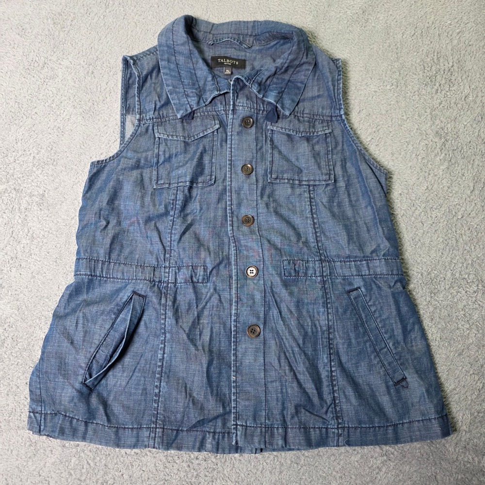 Talbots Womens MP Petite Utility Vest Blue Lyocell Linen Blend Elastic Waist